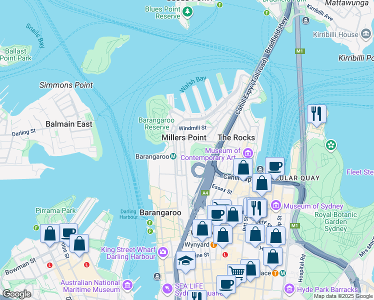 map of restaurants, bars, coffee shops, grocery stores, and more near 38 Kent Street in Millers Point