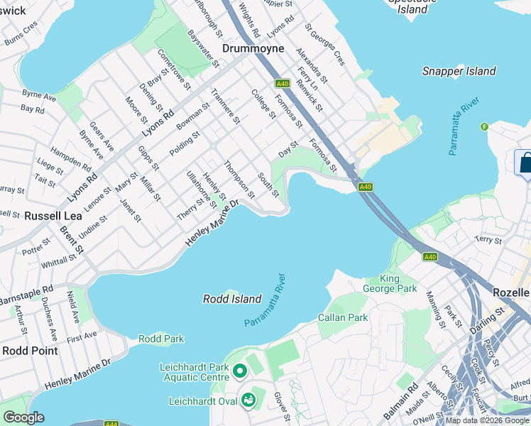 map of restaurants, bars, coffee shops, grocery stores, and more near Henley Marine Drive in Drummoyne