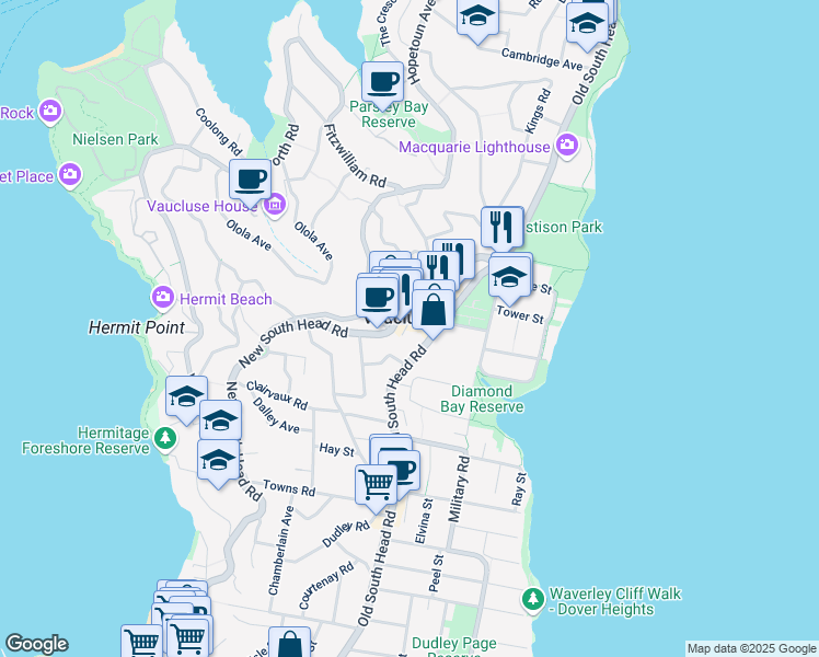 map of restaurants, bars, coffee shops, grocery stores, and more near 9 Laguna Street in Vaucluse