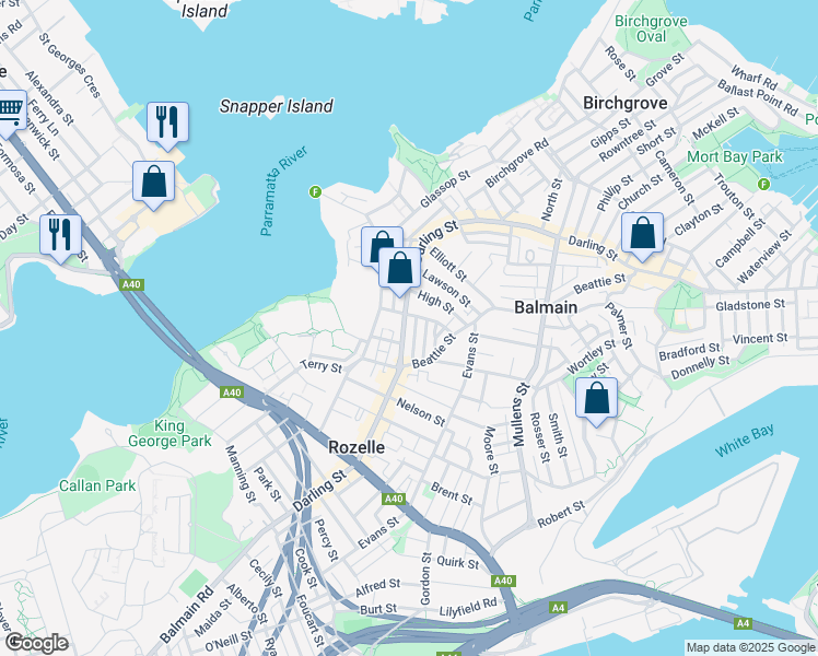 map of restaurants, bars, coffee shops, grocery stores, and more near 522 Darling Street in Rozelle