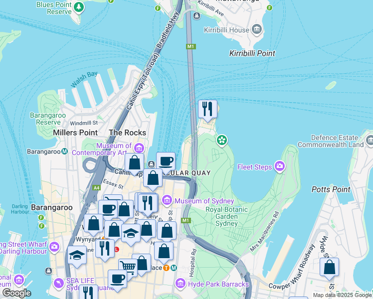 map of restaurants, bars, coffee shops, grocery stores, and more near 1 Macquarie Street in Sydney