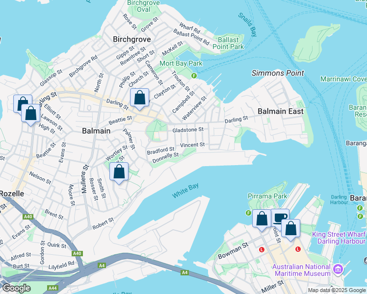 map of restaurants, bars, coffee shops, grocery stores, and more near 16 Vincent Street in Balmain