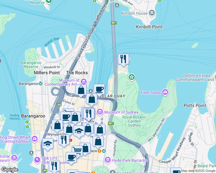 map of restaurants, bars, coffee shops, grocery stores, and more near 7 Macquarie Street in Sydney