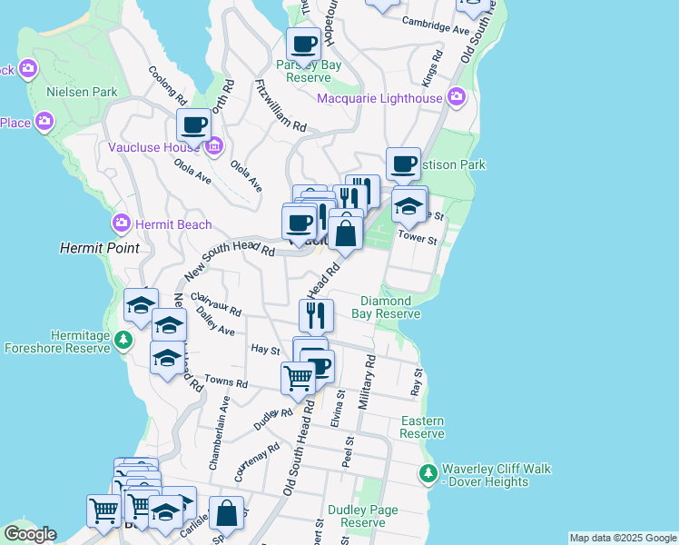 map of restaurants, bars, coffee shops, grocery stores, and more near 739 Old South Head Road in Vaucluse