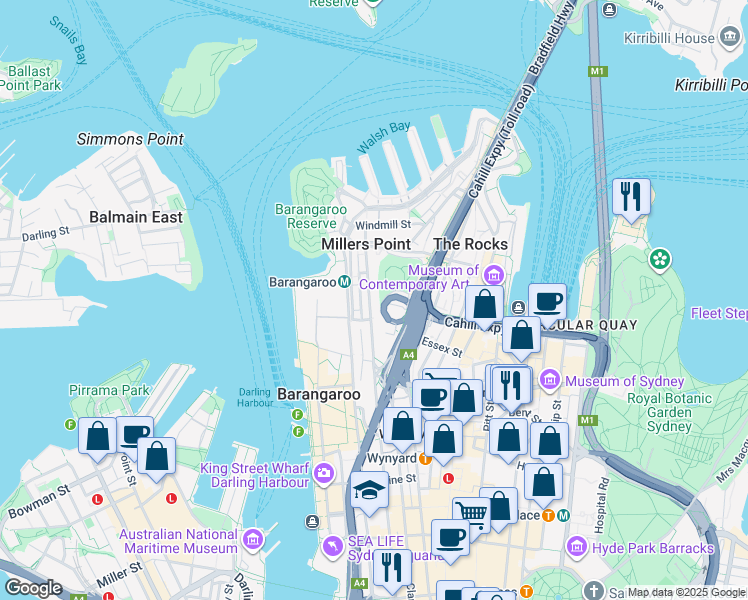map of restaurants, bars, coffee shops, grocery stores, and more near 84 Kent Street in Millers Point