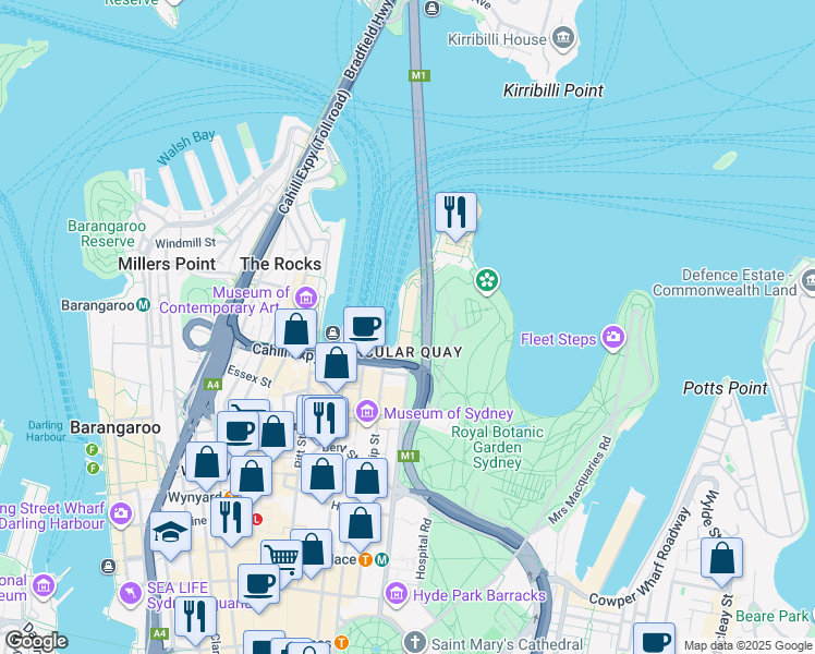 map of restaurants, bars, coffee shops, grocery stores, and more near 7 Macquarie Street in Sydney