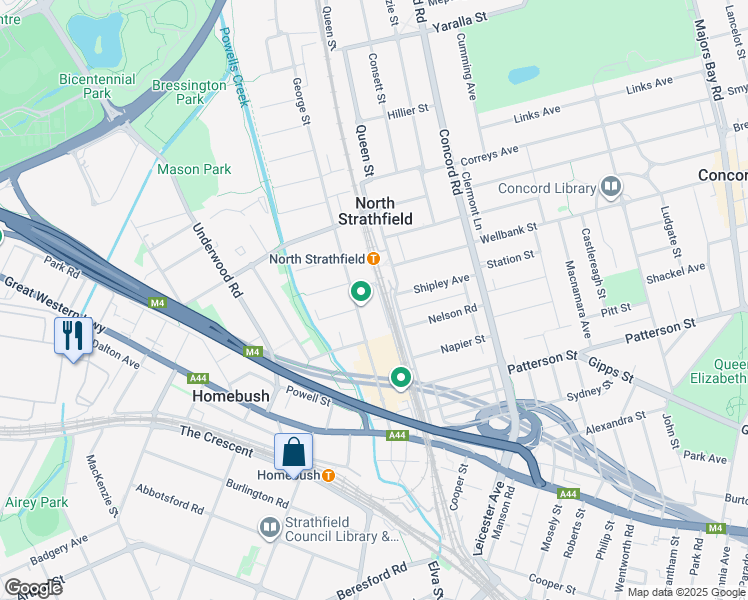 map of restaurants, bars, coffee shops, grocery stores, and more near 2A Hamilton Street East in North Strathfield