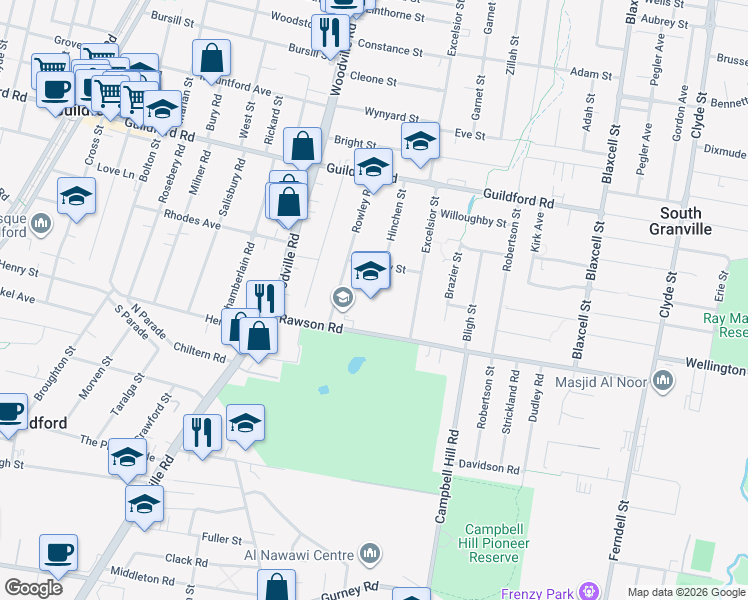 map of restaurants, bars, coffee shops, grocery stores, and more near 53 Rowley Road in Guildford