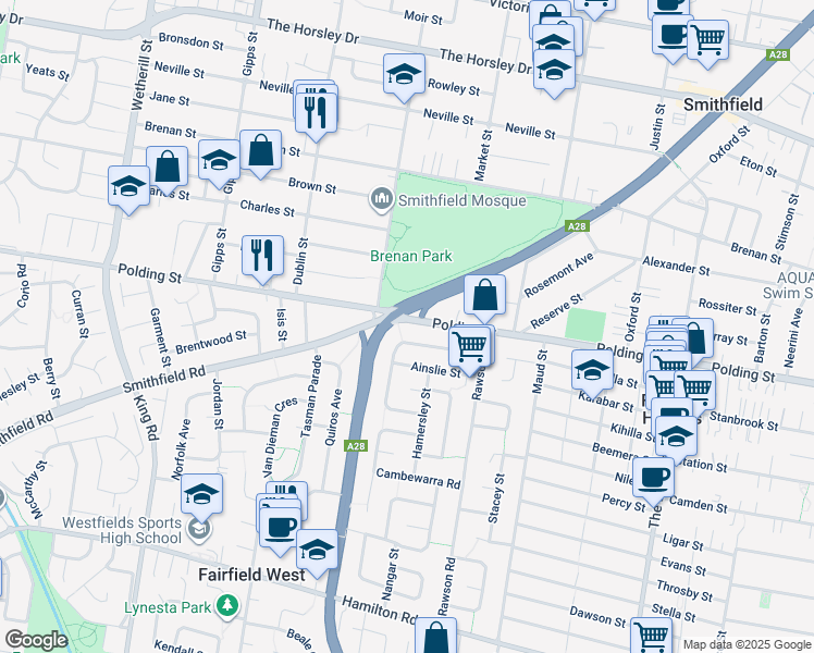 map of restaurants, bars, coffee shops, grocery stores, and more near 261 Polding Street in Fairfield West