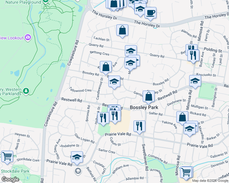 map of restaurants, bars, coffee shops, grocery stores, and more near 20 Zadro Avenue in Bossley Park