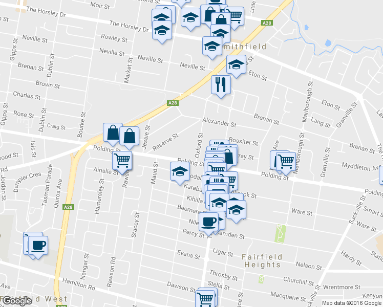 map of restaurants, bars, coffee shops, grocery stores, and more near 8 Oxford Street in Smithfield