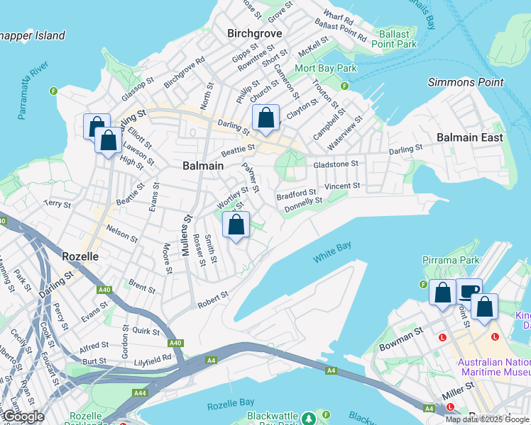 map of restaurants, bars, coffee shops, grocery stores, and more near 6 Rosebery Place in Balmain