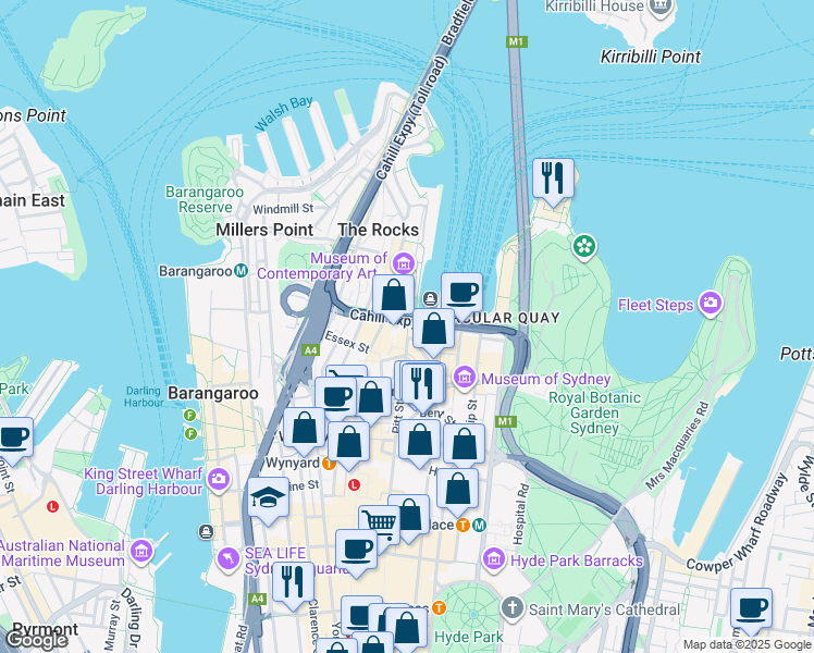 map of restaurants, bars, coffee shops, grocery stores, and more near 1 Alfred Street in Sydney