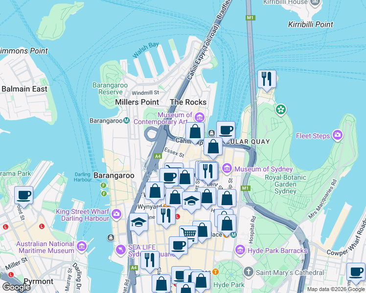 map of restaurants, bars, coffee shops, grocery stores, and more near 199 George Street in Sydney