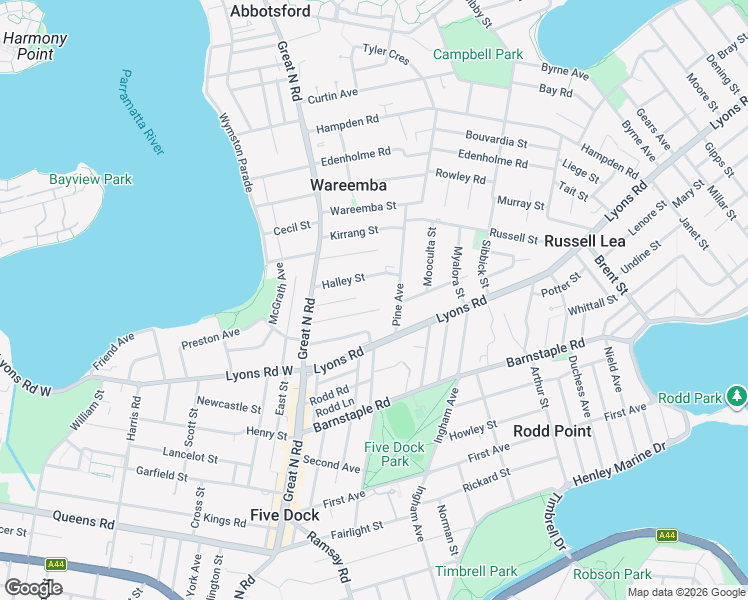 map of restaurants, bars, coffee shops, grocery stores, and more near 26 Charles Street in Five Dock