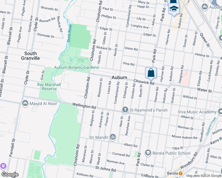 map of restaurants, bars, coffee shops, grocery stores, and more near 26 Leura Road in Auburn