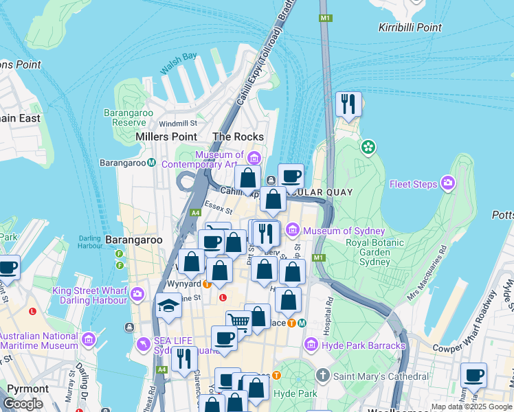 map of restaurants, bars, coffee shops, grocery stores, and more near 37 Pitt Street in Sydney