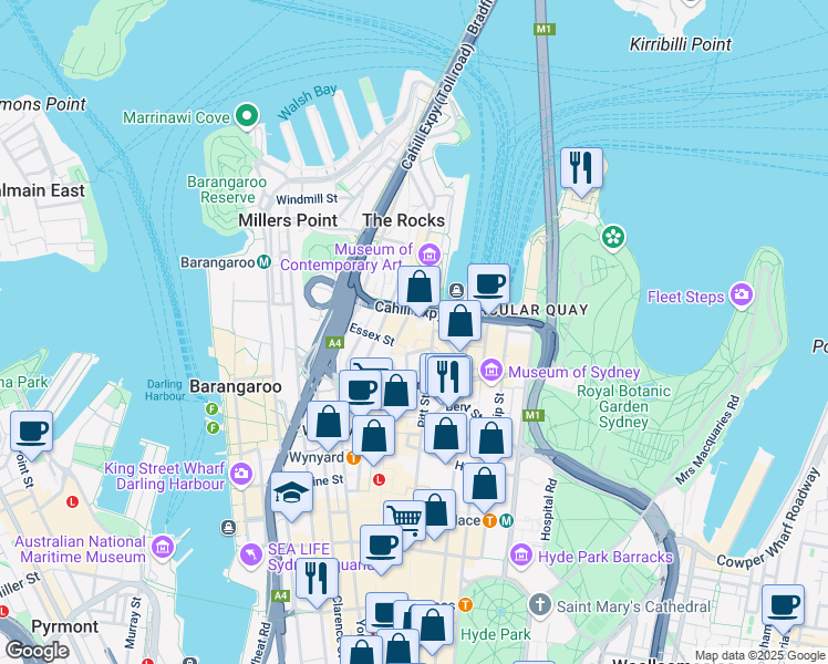map of restaurants, bars, coffee shops, grocery stores, and more near 1 Alfred Street in Sydney