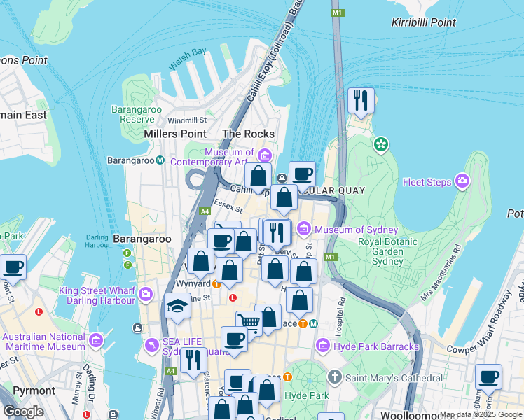 map of restaurants, bars, coffee shops, grocery stores, and more near 19 Pitt Street in Sydney