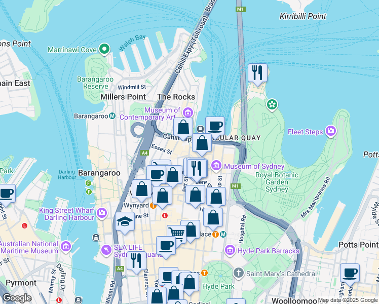 map of restaurants, bars, coffee shops, grocery stores, and more near 22 Pitt Street in Sydney