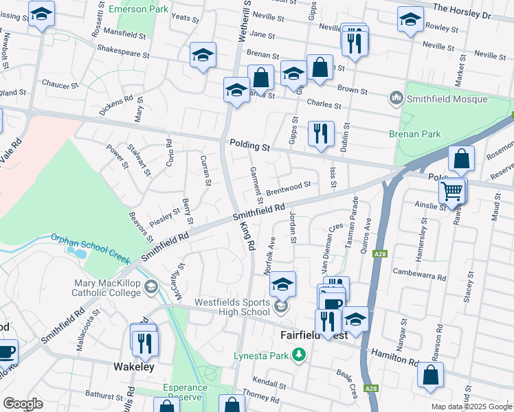 map of restaurants, bars, coffee shops, grocery stores, and more near 30 Garment Street in Prairiewood