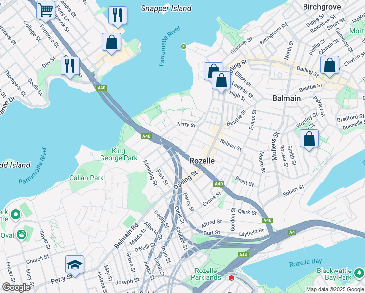 map of restaurants, bars, coffee shops, grocery stores, and more near 3 Crystal St in Rozelle