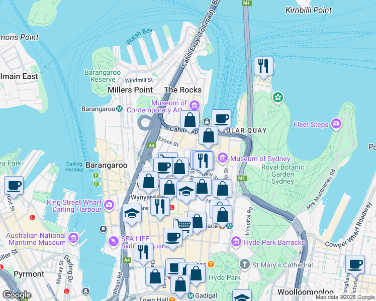 map of restaurants, bars, coffee shops, grocery stores, and more near 37 Pitt Street in Sydney