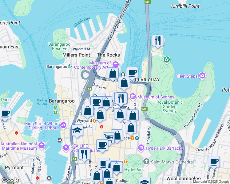 map of restaurants, bars, coffee shops, grocery stores, and more near 37 Pitt Street in Sydney