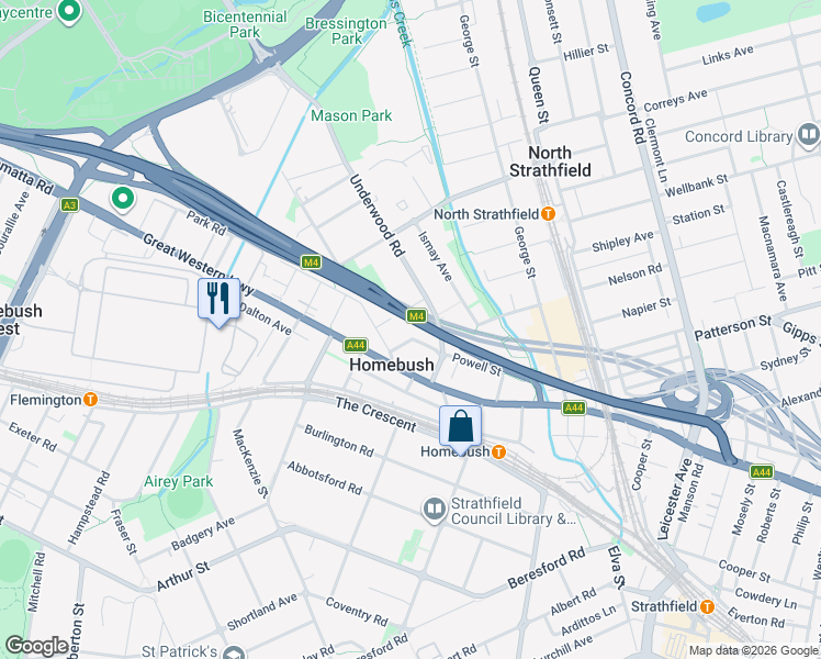 map of restaurants, bars, coffee shops, grocery stores, and more near 39-45 Powell Street in Homebush
