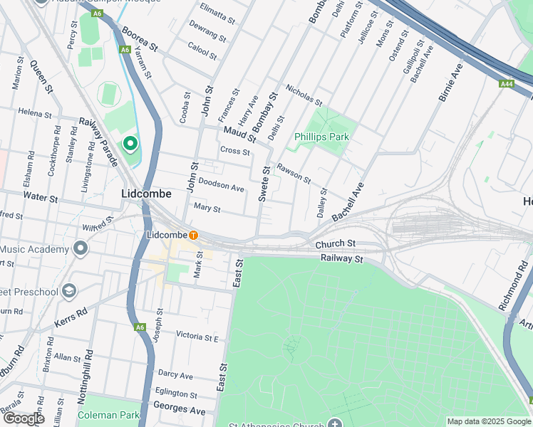 map of restaurants, bars, coffee shops, grocery stores, and more near 16-20 Swete Street in Lidcombe