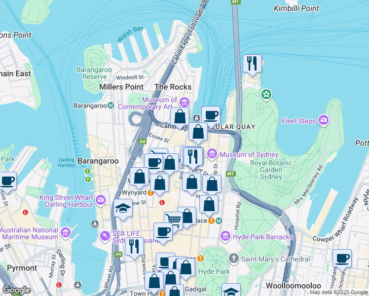 map of restaurants, bars, coffee shops, grocery stores, and more near 37 Pitt Street in Sydney