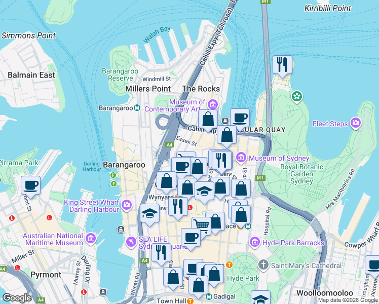 map of restaurants, bars, coffee shops, grocery stores, and more near 229 George Street in The Rocks