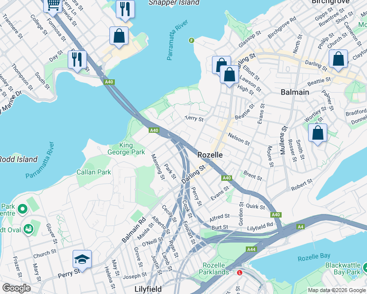 map of restaurants, bars, coffee shops, grocery stores, and more near 186 Victoria Road in Rozelle
