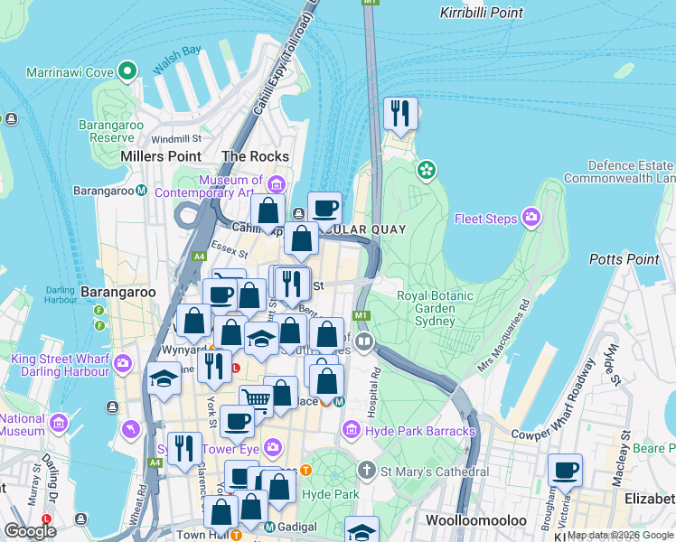 map of restaurants, bars, coffee shops, grocery stores, and more near 98 Phillip Street in Sydney