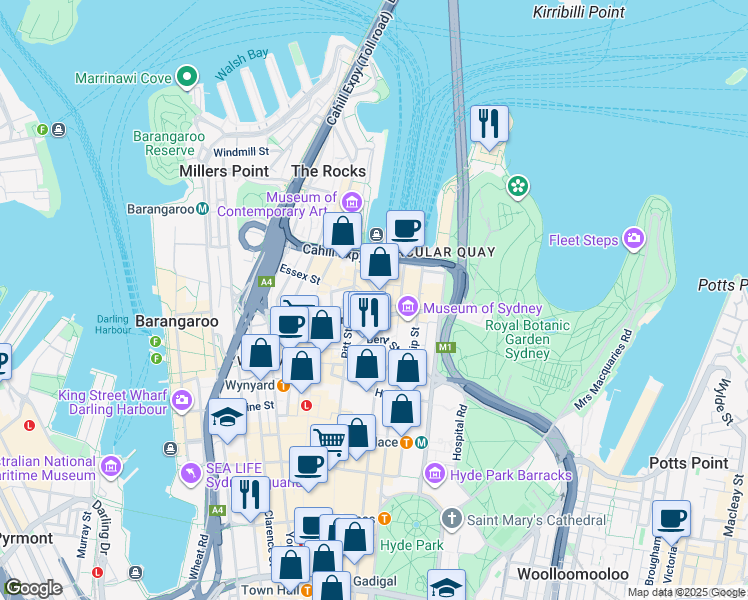 map of restaurants, bars, coffee shops, grocery stores, and more near 1 Macquarie Place in Sydney