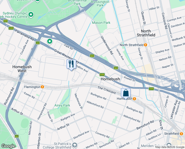 map of restaurants, bars, coffee shops, grocery stores, and more near 3 Bridge Road in Homebush