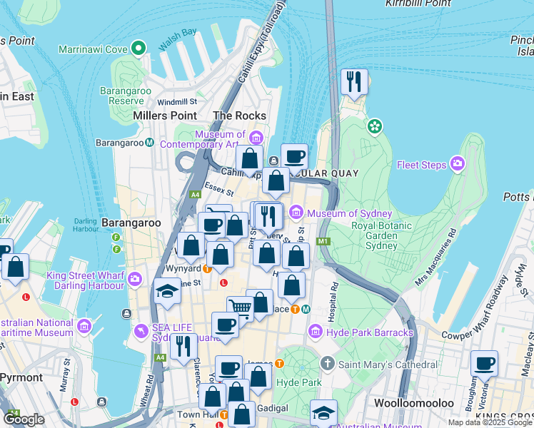 map of restaurants, bars, coffee shops, grocery stores, and more near Macquarie Place in Sydney