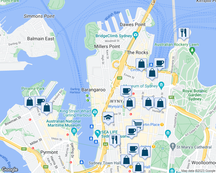 map of restaurants, bars, coffee shops, grocery stores, and more near 189 Kent Street in Sydney