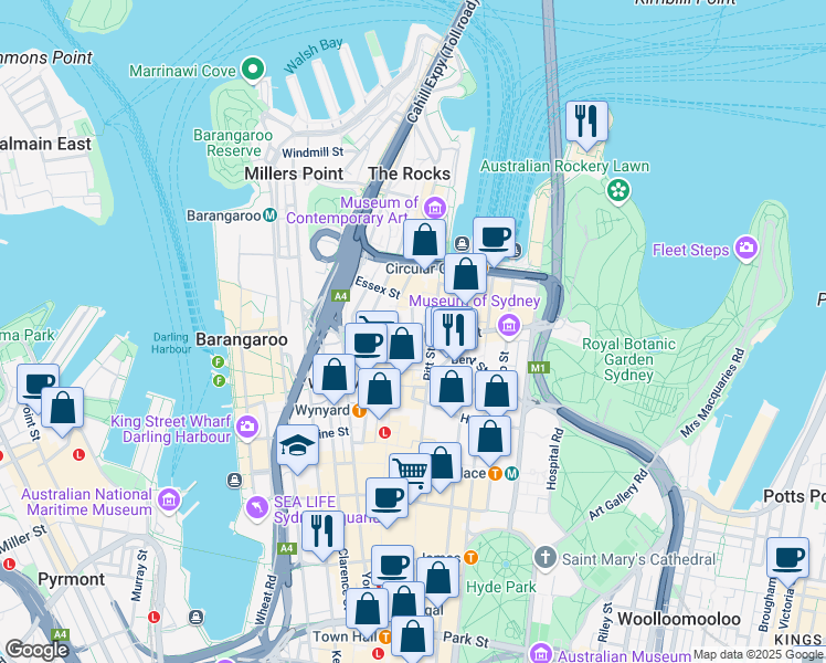 map of restaurants, bars, coffee shops, grocery stores, and more near 22 Pitt Street in Sydney
