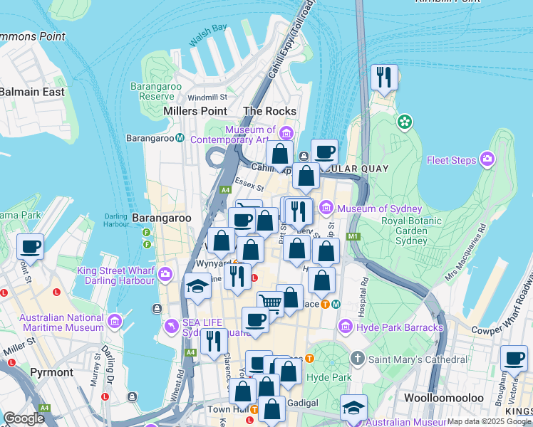 map of restaurants, bars, coffee shops, grocery stores, and more near 4 Bridge Street in Sydney