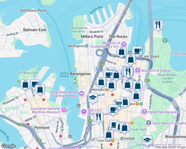 map of restaurants, bars, coffee shops, grocery stores, and more near 201 Kent Street in Sydney