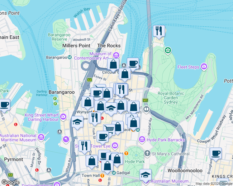 map of restaurants, bars, coffee shops, grocery stores, and more near 56 Pitt Street in Sydney