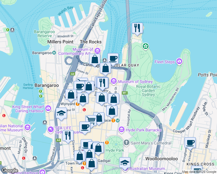 map of restaurants, bars, coffee shops, grocery stores, and more near 35-39 Bridge Street in Sydney