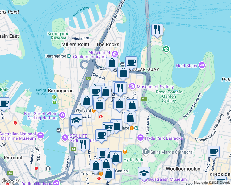 map of restaurants, bars, coffee shops, grocery stores, and more near 56 Pitt Street in Sydney