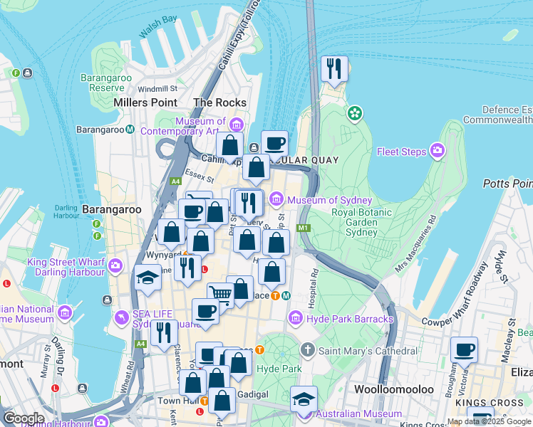 map of restaurants, bars, coffee shops, grocery stores, and more near 35 Bridge Street in Sydney