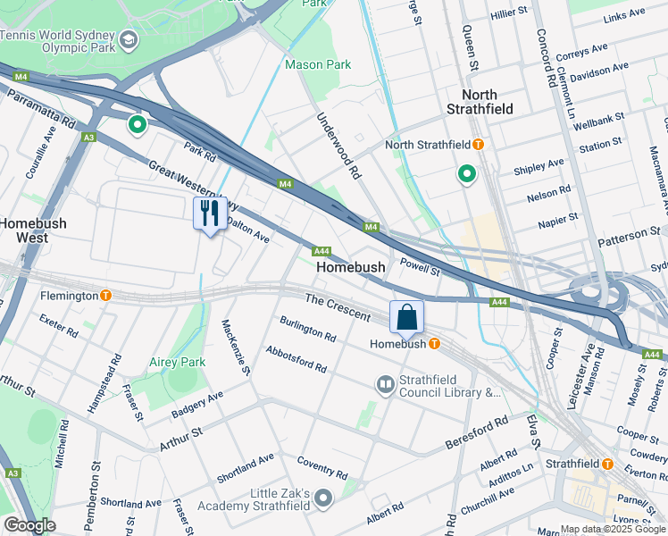 map of restaurants, bars, coffee shops, grocery stores, and more near 176 Parramatta Road in Homebush