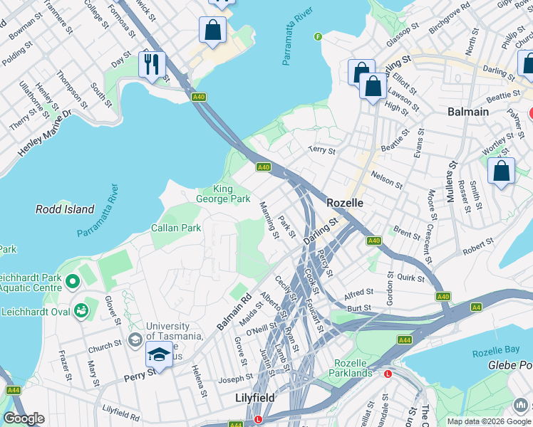 map of restaurants, bars, coffee shops, grocery stores, and more near Manning Street in Rozelle