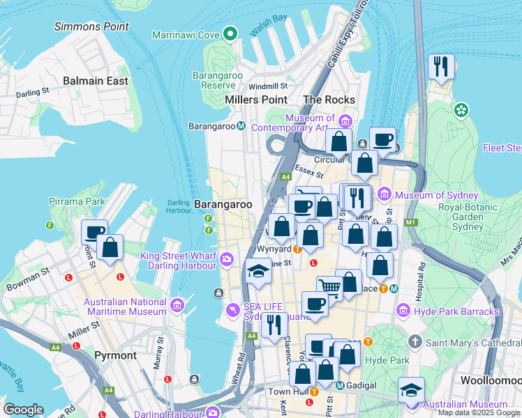 map of restaurants, bars, coffee shops, grocery stores, and more near 201 Kent Street in Sydney