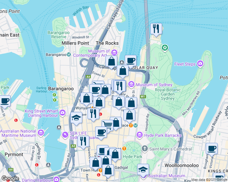 map of restaurants, bars, coffee shops, grocery stores, and more near 56 Pitt Street in Sydney