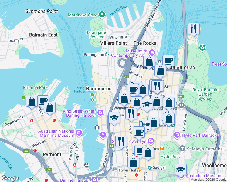 map of restaurants, bars, coffee shops, grocery stores, and more near 203 Kent Street in Sydney